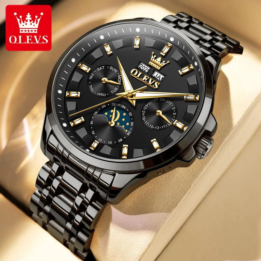 OLEVS 7070 Automatic Watch Men Moon Phase Waterproof Luxury Mechanical Watch Stainless Steel