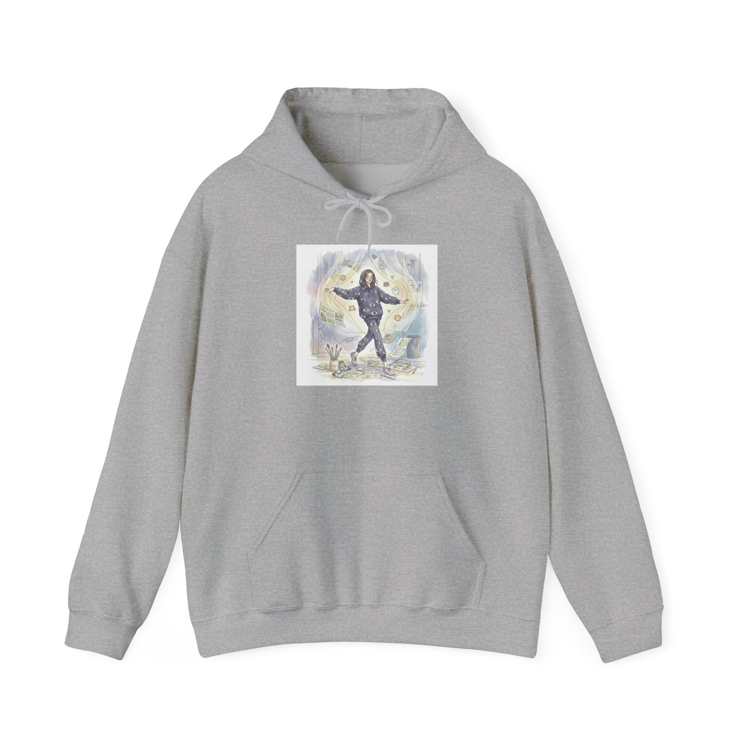 Hooded Sweatshirt Whimsical Girl with Flying Newspapers Illustration