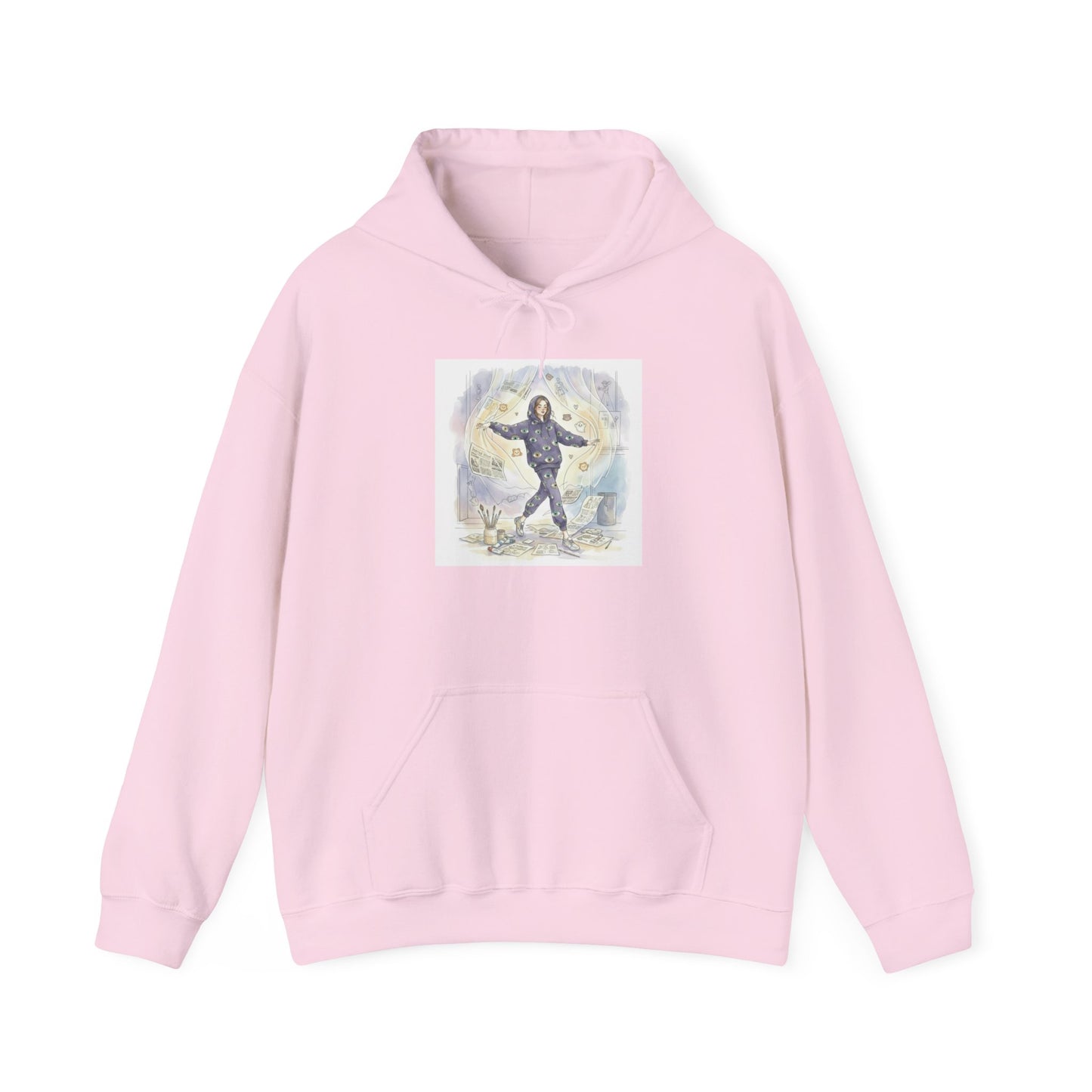 Hooded Sweatshirt Whimsical Girl with Flying Newspapers Illustration