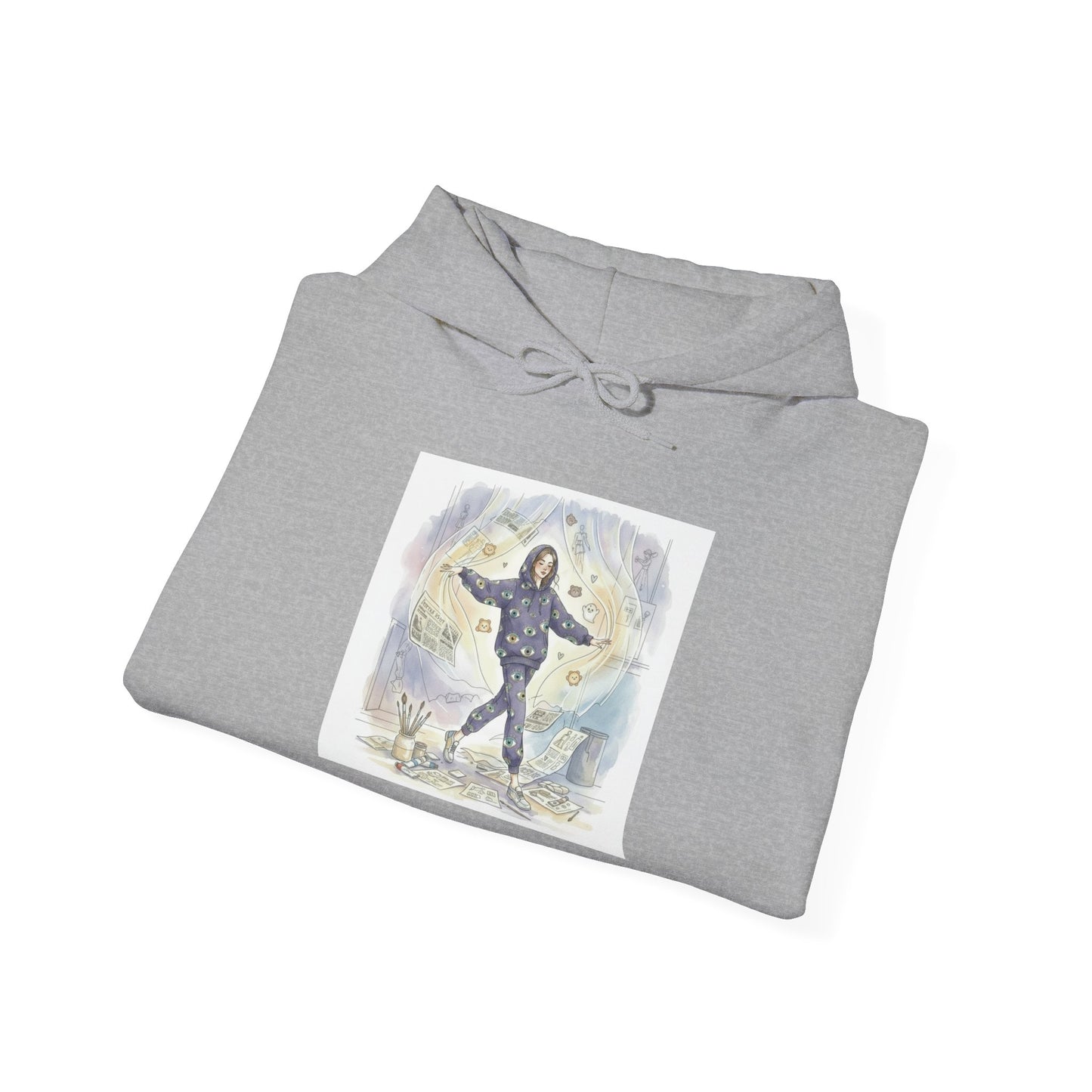 Hooded Sweatshirt Whimsical Girl with Flying Newspapers Illustration
