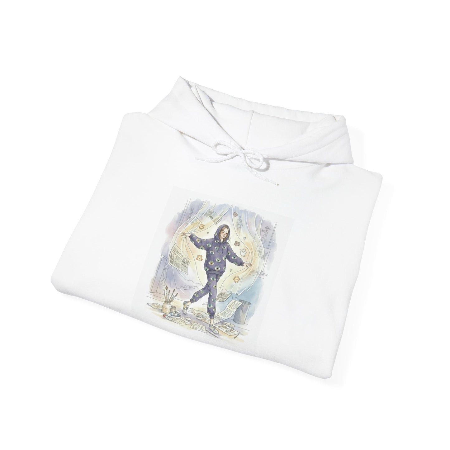 Hooded Sweatshirt Whimsical Girl with Flying Newspapers Illustration
