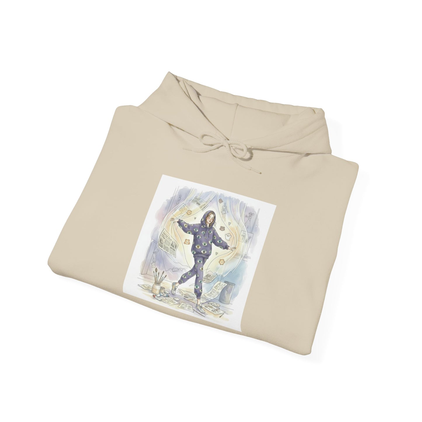 Hooded Sweatshirt Whimsical Girl with Flying Newspapers Illustration