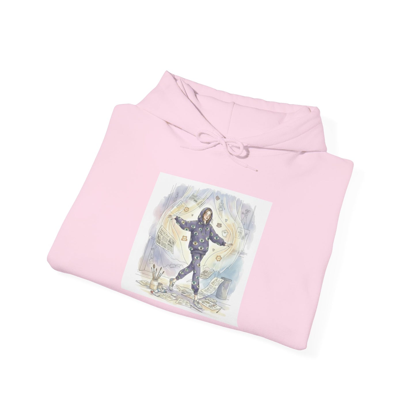 Hooded Sweatshirt Whimsical Girl with Flying Newspapers Illustration