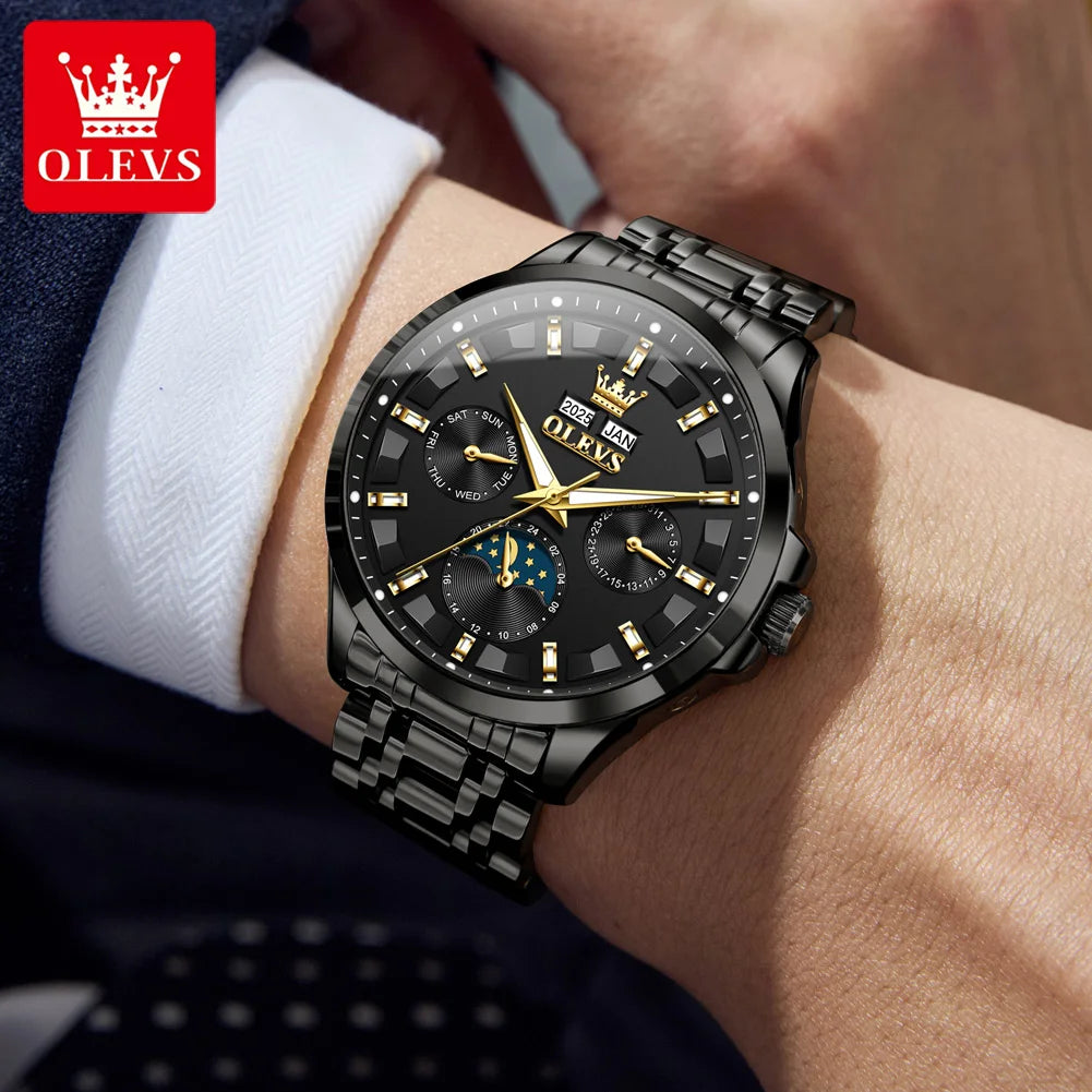OLEVS 7070 Automatic Watch Men Moon Phase Waterproof Luxury Mechanical Watch Stainless Steel