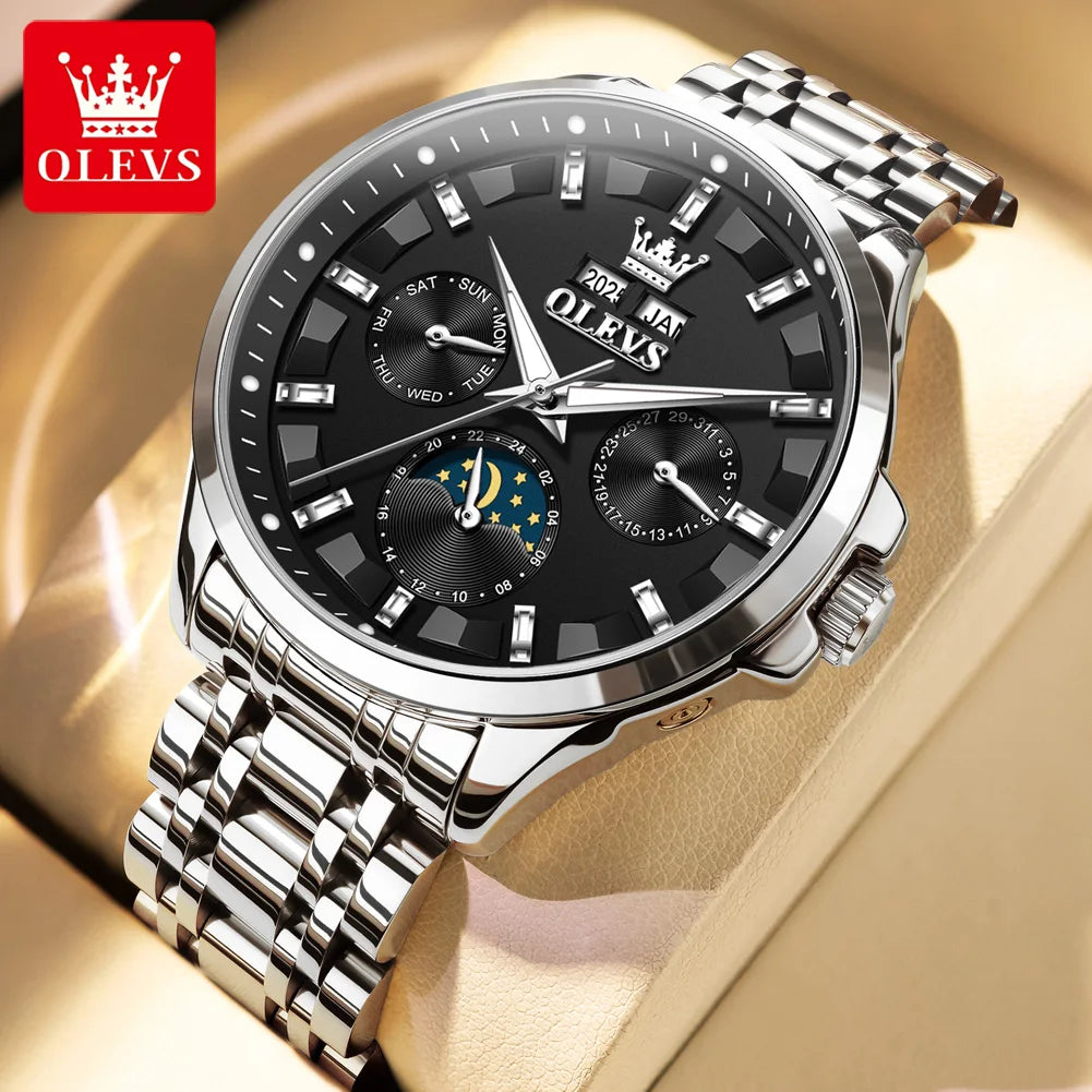 OLEVS 7070 Automatic Watch Men Moon Phase Waterproof Luxury Mechanical Watch Stainless Steel