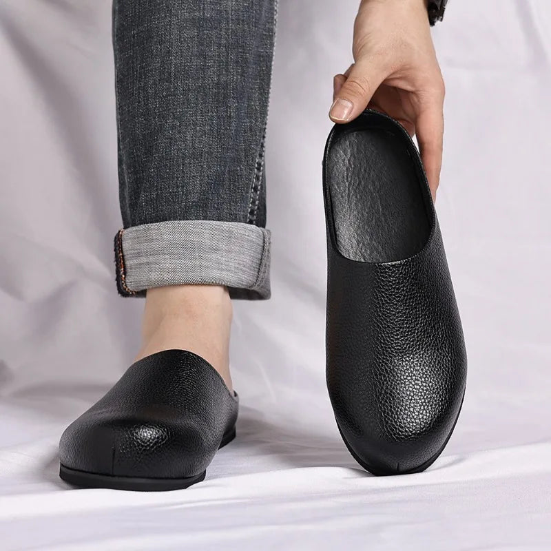 Leather Men's Mule Shoes Half Slippers Classic Non-slip
