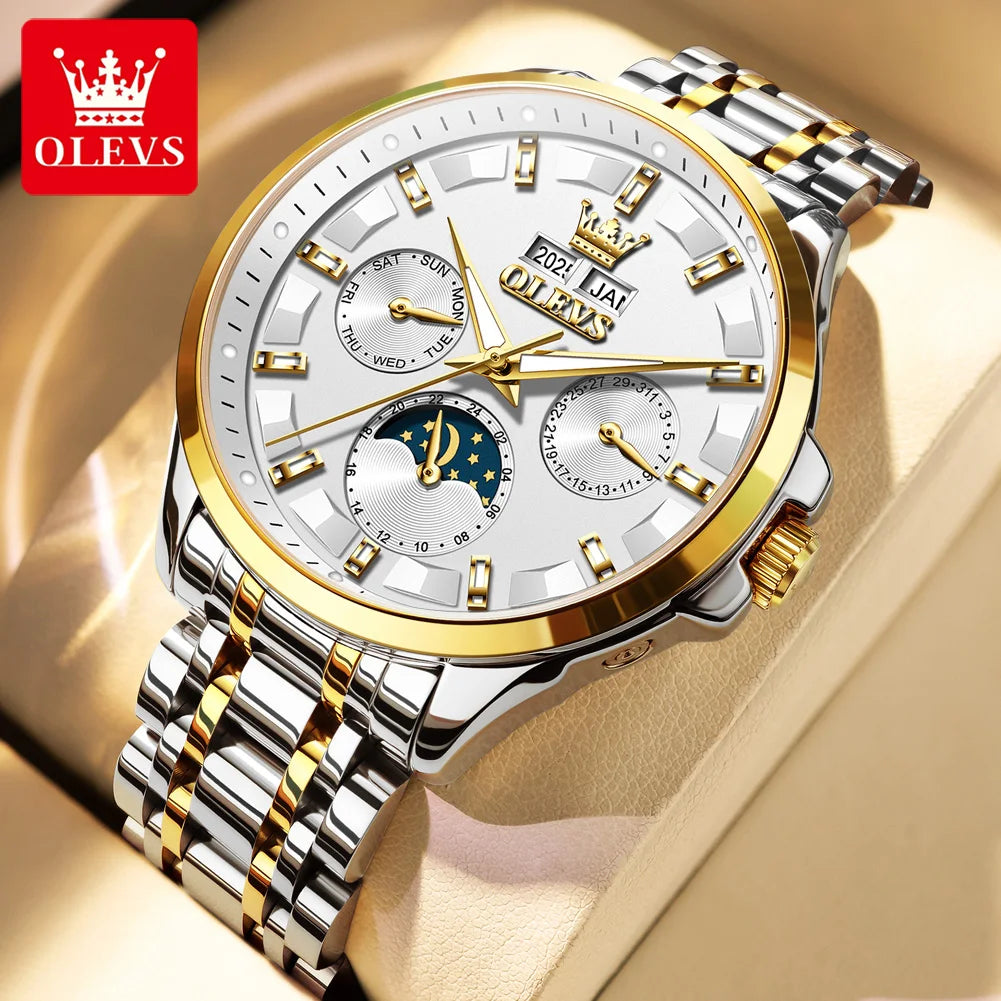 OLEVS 7070 Automatic Watch Men Moon Phase Waterproof Luxury Mechanical Watch Stainless Steel