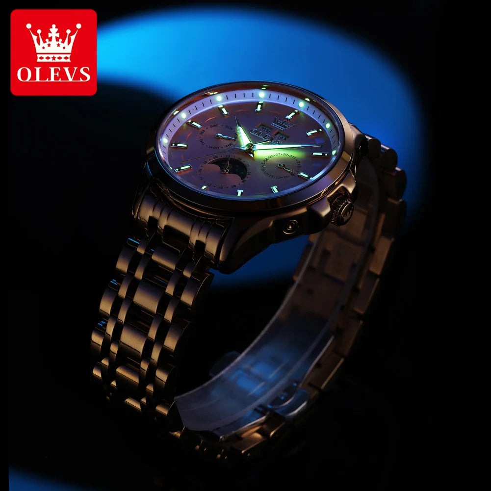 OLEVS 7070 Automatic Watch Men Moon Phase Waterproof Luxury Mechanical Watch Stainless Steel