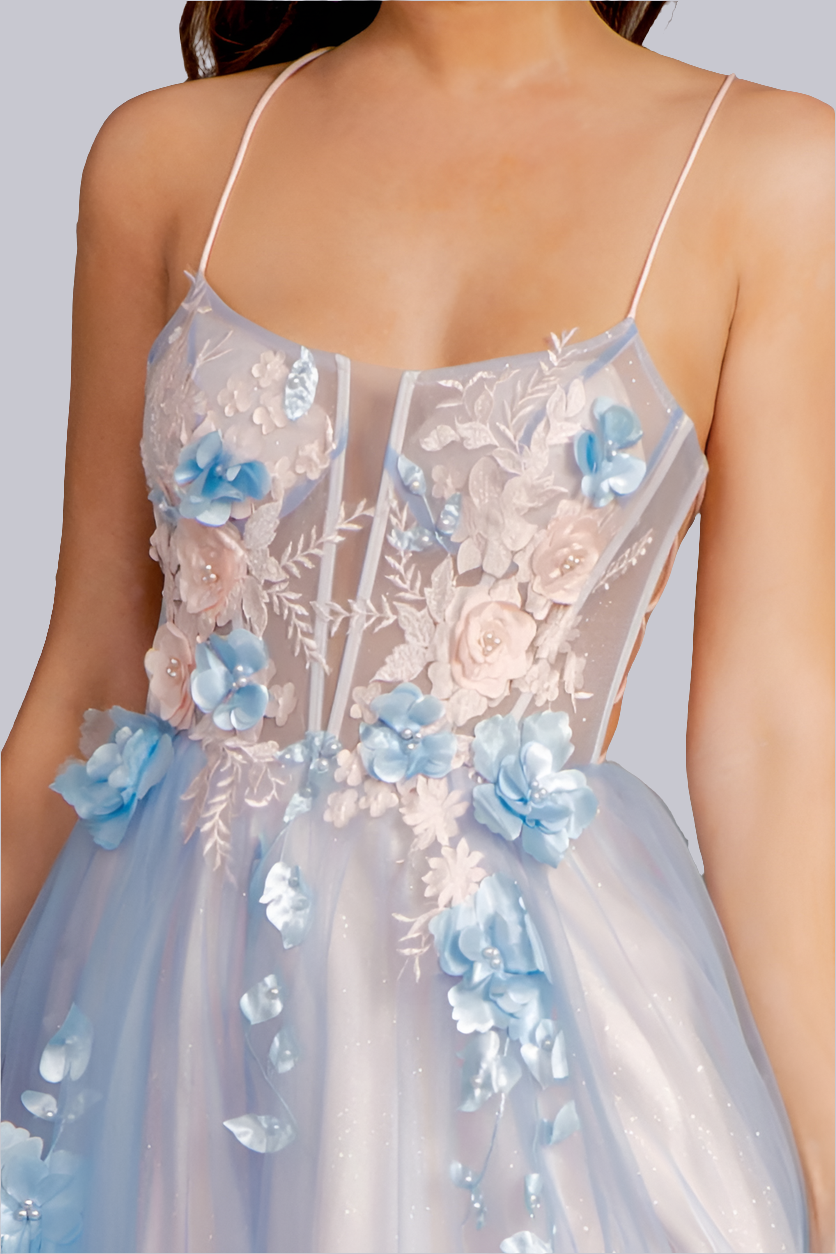 3-D Flower Sheer Bodice Cut-out Back Mesh A-line Long Dress