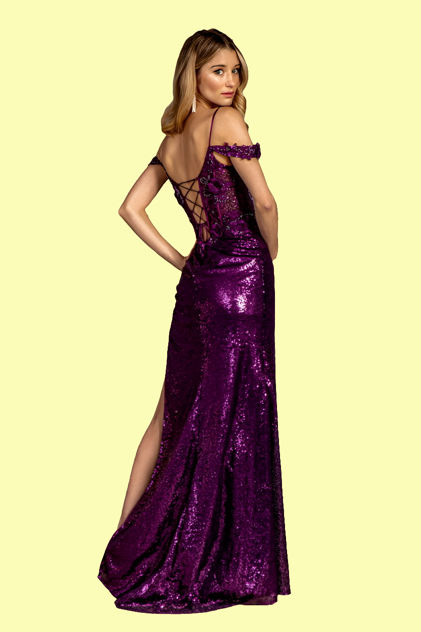 3-D Flower Sequin Sheer Corset Bodice Mesh Mermaid Long Dress