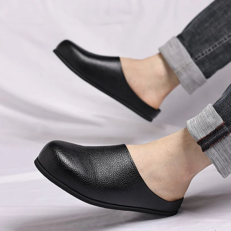 Leather Men's Mule Shoes Half Slippers Classic Non-slip