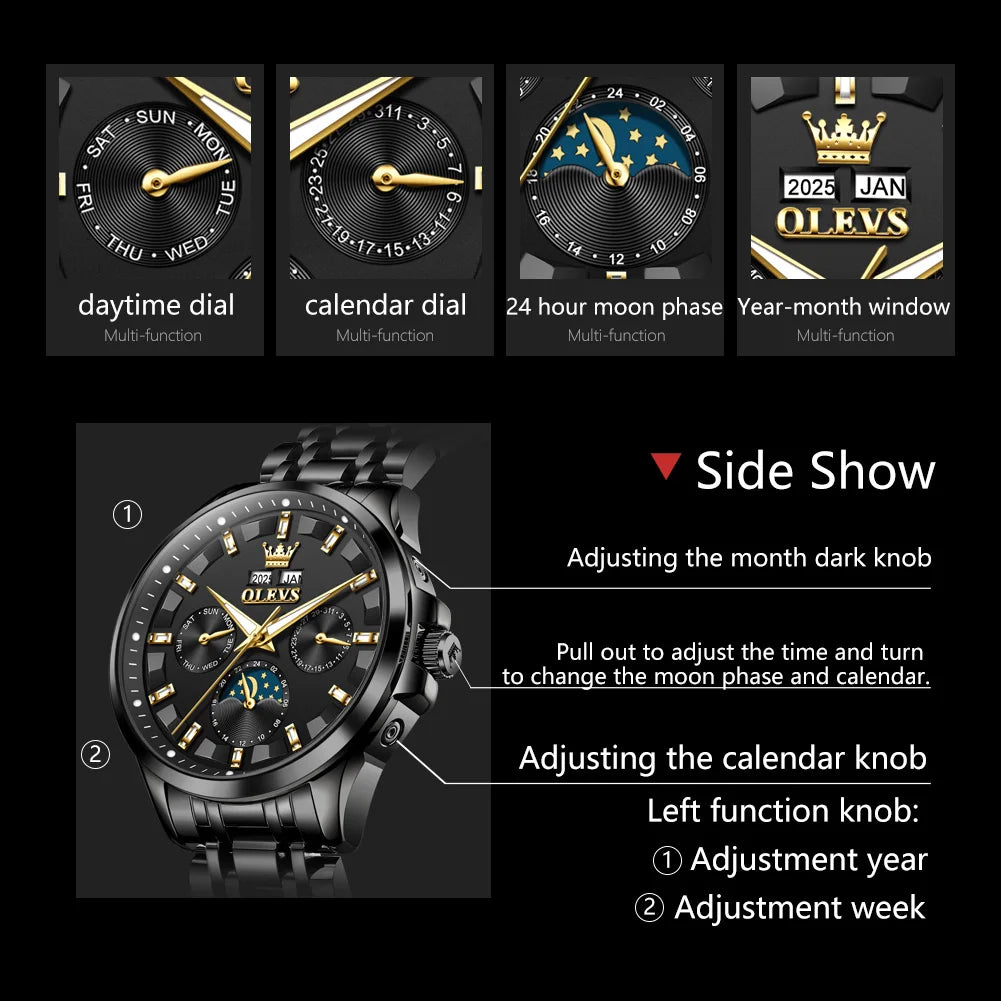 OLEVS 7070 Automatic Watch Men Moon Phase Waterproof Luxury Mechanical Watch Stainless Steel