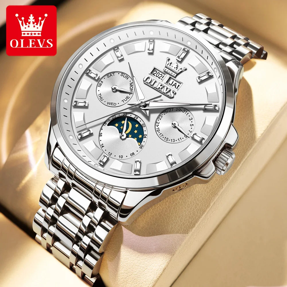 OLEVS 7070 Automatic Watch Men Moon Phase Waterproof Luxury Mechanical Watch Stainless Steel