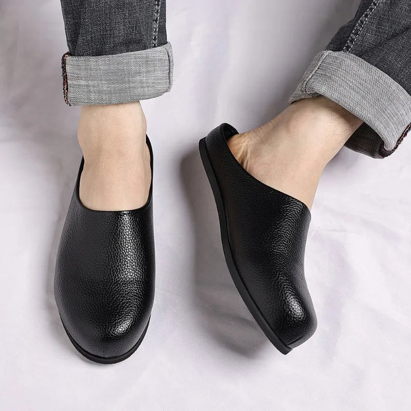 Leather Men's Mule Shoes Half Slippers Classic Non-slip