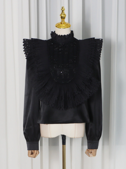 Sequin Pleated Blouse - Long Sleeve Stand Collar Shirt