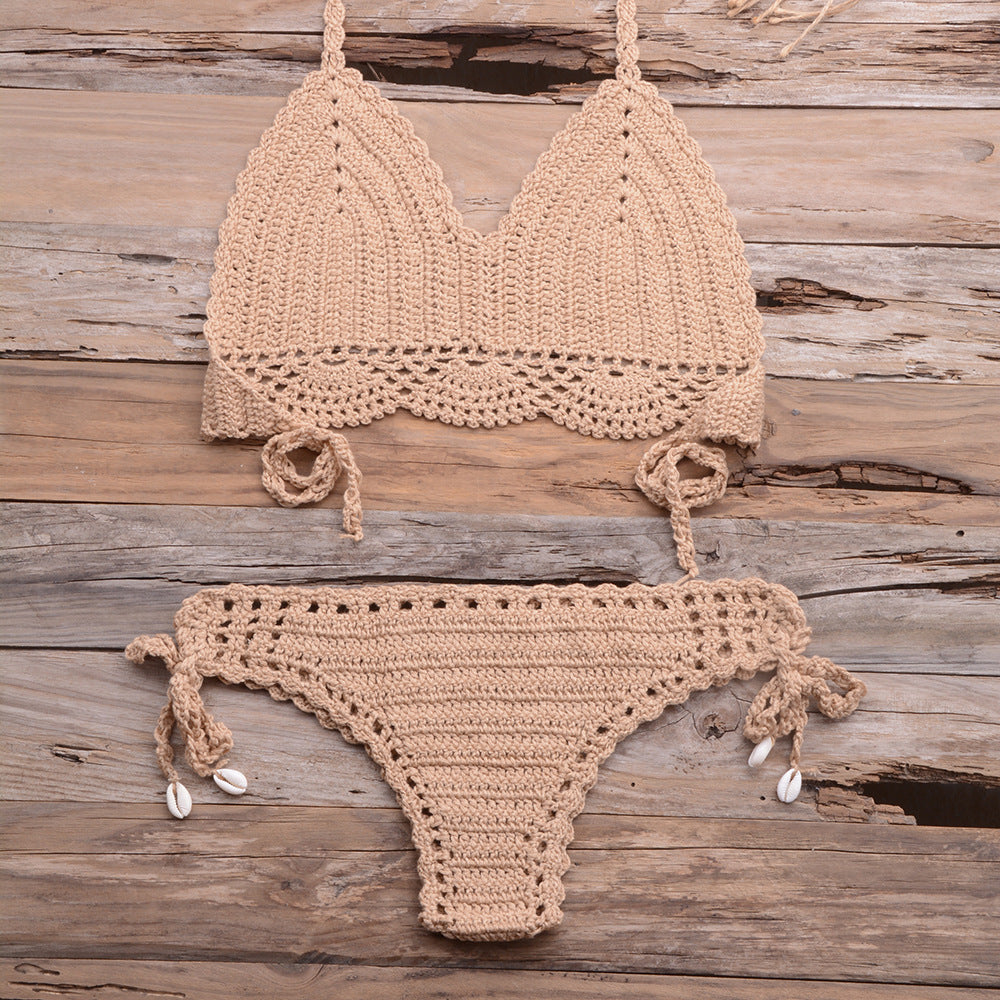 Beach Hollow-out Handmade Woven Split Strap Tank-Top Matching Shell Bikini Briefs
