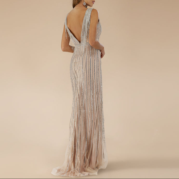 Beaded Fringe V-Neck Gown - Lara 29680