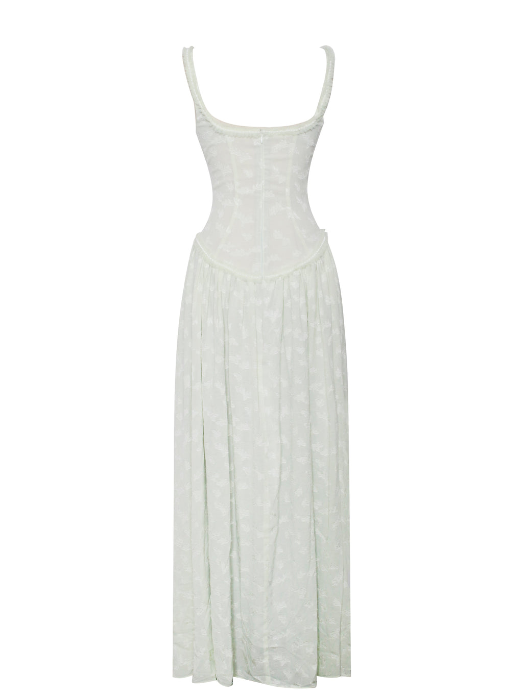 Ulissa Light Green Square Neck Jacquard Textured High Slit Maxi Dress