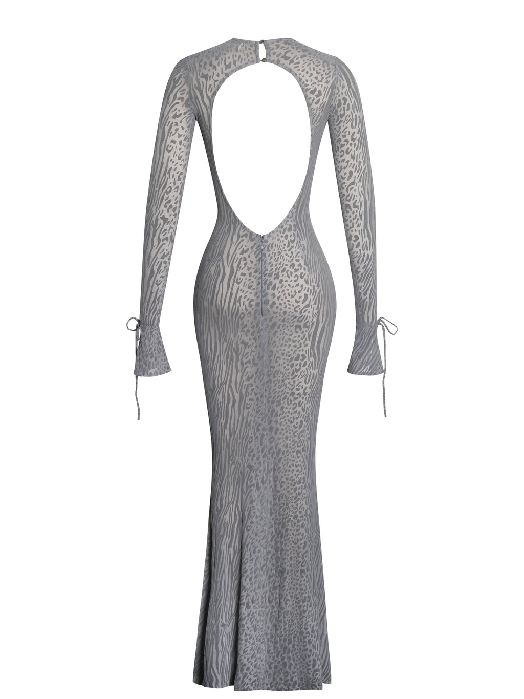 Waylynn Gray Animal Print Burnout Velvet Detail Mesh Backless Maxi Dress