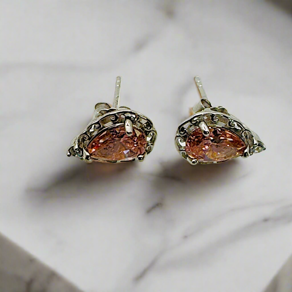 Rhodium Plated Teardrop Silver Pink CZ Stud Earrings - Hypoallergenic Luxury Jewelry | Women's | Amtikiss Casuals