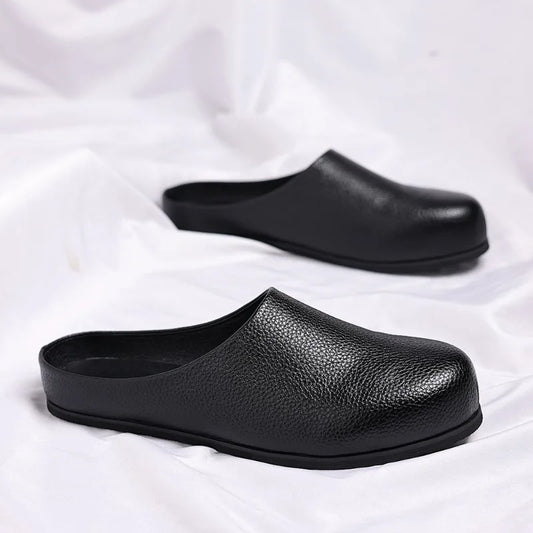 Leather Men's Mule Shoes Half Slippers Classic Non-slip