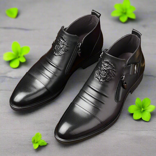 Men's Leather Ankle Boot With Side Zipper and Lion Embossed