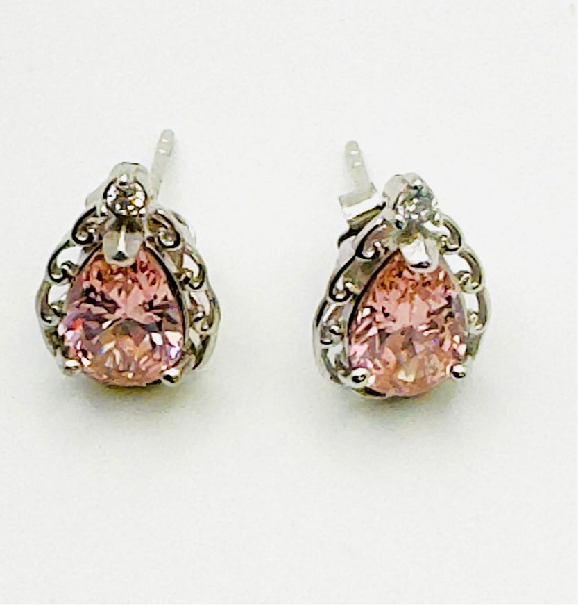Rhodium Plated Teardrop Silver Pink CZ Stud Earrings - Hypoallergenic Luxury Jewelry | Women's | Amtikiss Casuals
