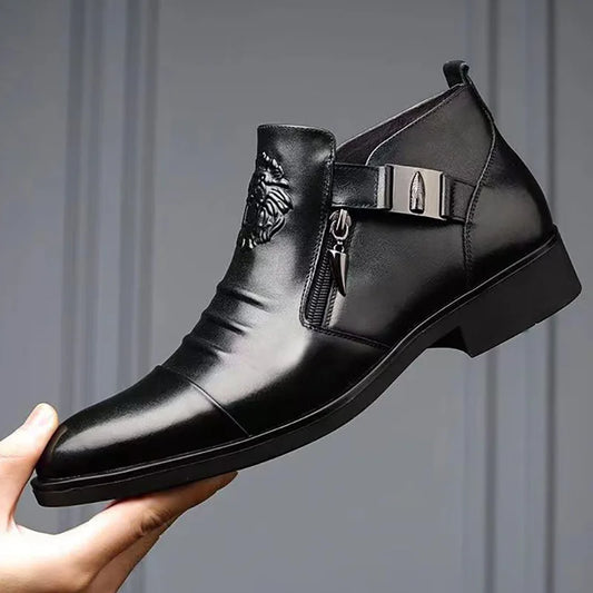Men's Leather Ankle Boot With Side Zipper and Lion Embossed