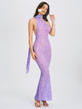 Olena Purple Burnout Velvet Animal Print Mesh Halter Neck Maxi Dress