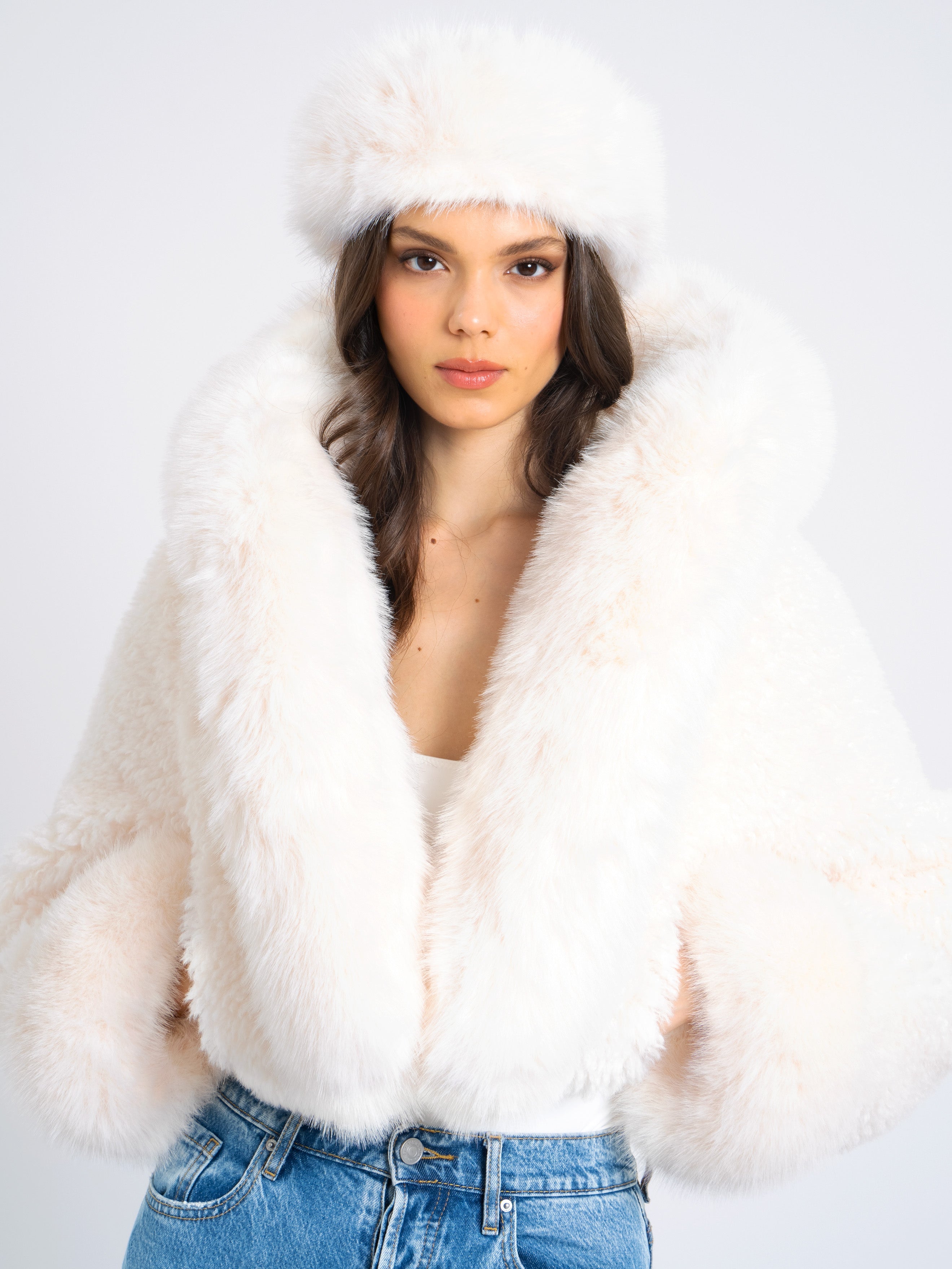 Kali White Cropped Vegan Shearling Fur Jacket