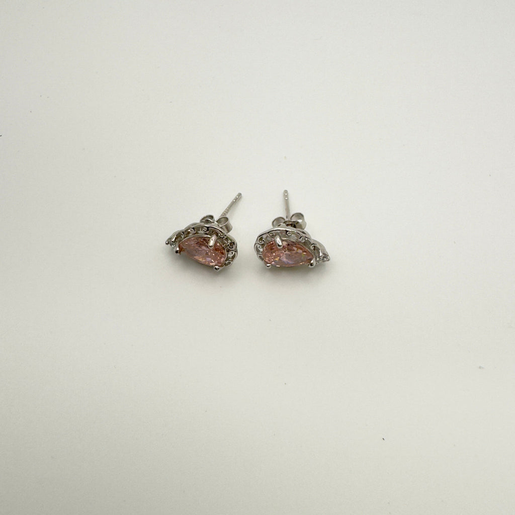 Rhodium Plated Teardrop Silver Pink CZ Stud Earrings - Hypoallergenic Luxury Jewelry | Women's | Amtikiss Casuals