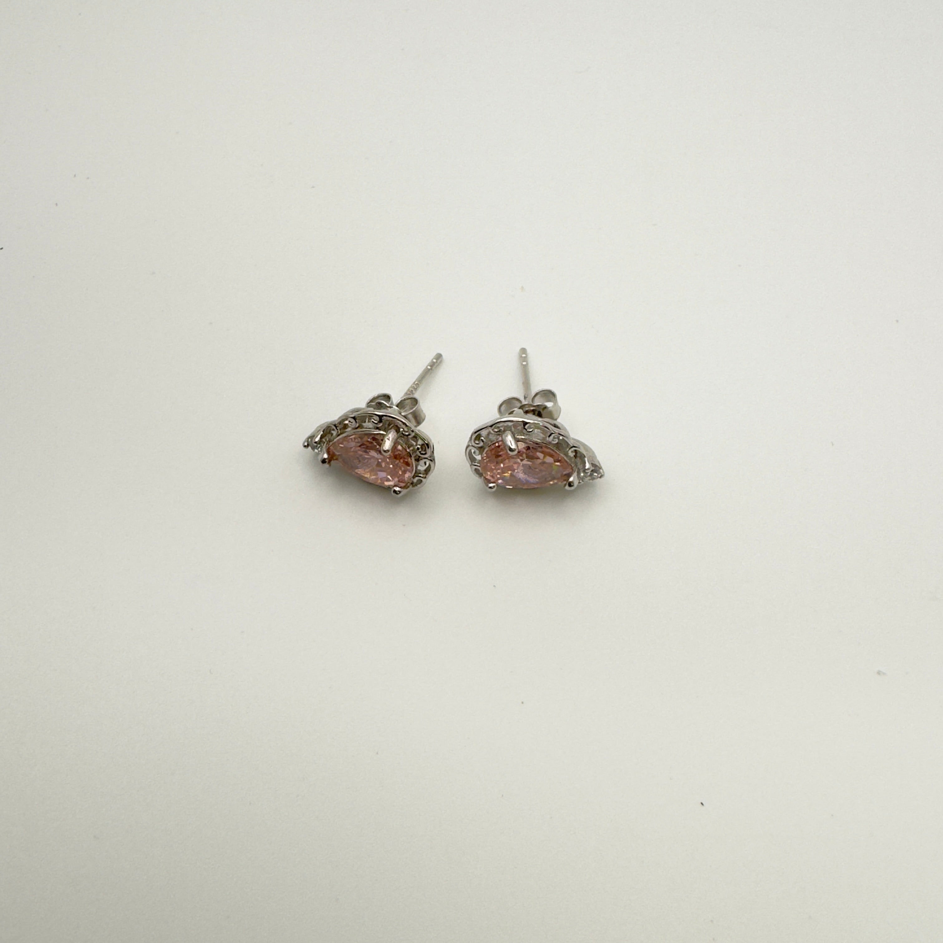 Rhodium Plated Teardrop Silver Pink CZ Stud Earrings - Hypoallergenic Luxury Jewelry | Women's | Amtikiss Casuals