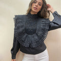 Sequin Pleated Blouse - Long Sleeve Stand Collar Shirt