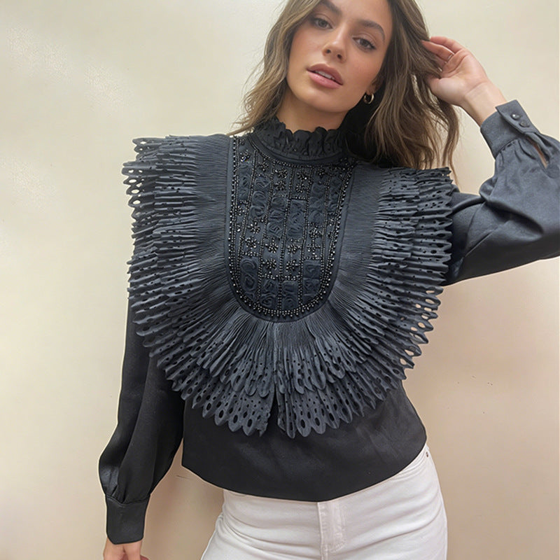 Sequin Pleated Blouse - Long Sleeve Stand Collar Shirt