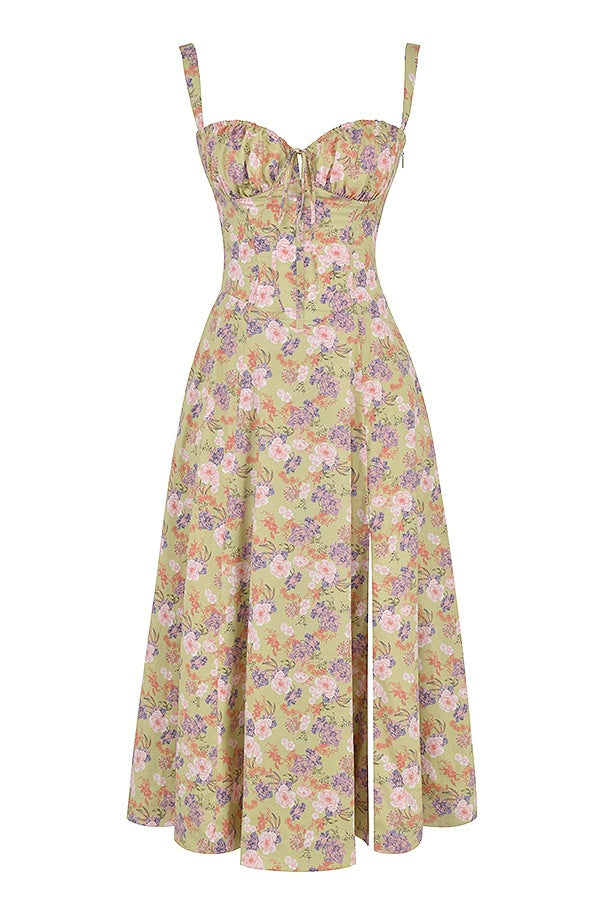 Sleeveless Strapless Bandage Corset Dress - Floral Print Long Midi Dress with Lace Up Back & Thigh Slit