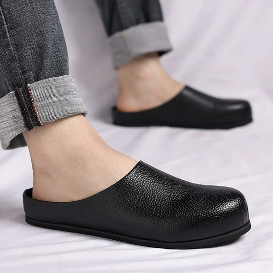 Leather Men's Mule Shoes Half Slippers Classic Non-slip