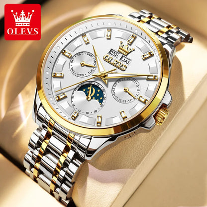 OLEVS 7070 Automatic Watch Men Moon Phase Waterproof Luxury Mechanical Watch Stainless Steel