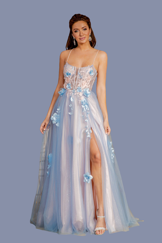 3-D Flower Sheer Bodice Cut-out Back Mesh A-line Long Dress