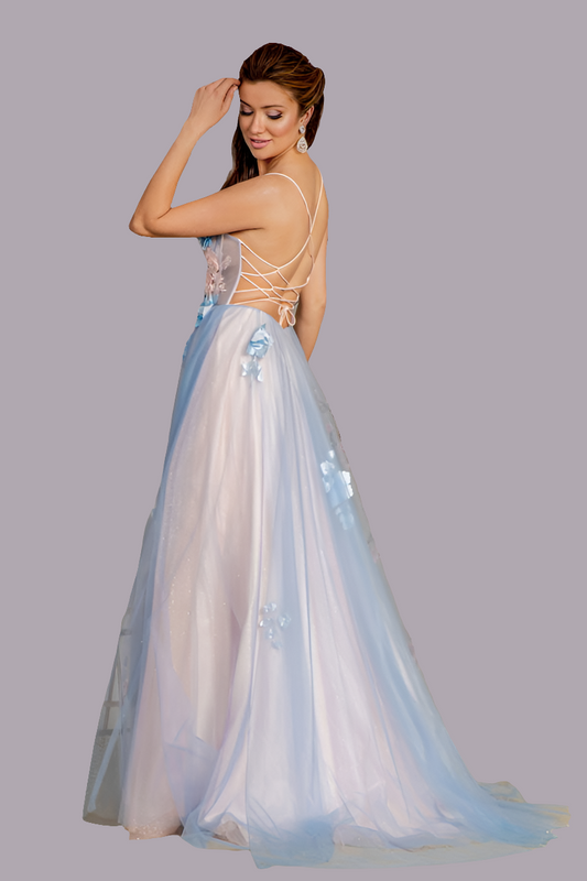 3-D Flower Sheer Bodice Cut-out Back Mesh A-line Long Dress