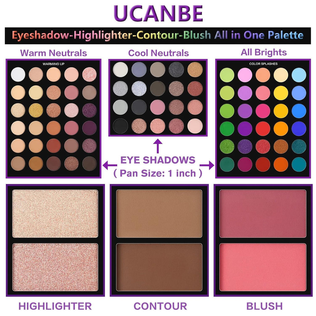 UCANBE Eyeshadow and Blush Palette with 15Pcs Brushes Makeup Set