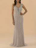 Beaded Fringe V-Neck Gown - Lara 29680